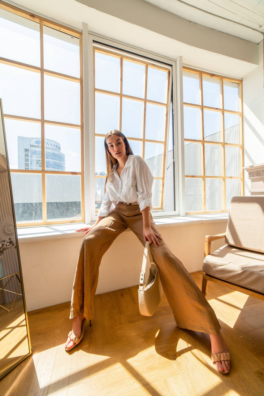 

Льняные брюки палаццо Италия кэмэл (821275.421) размер S