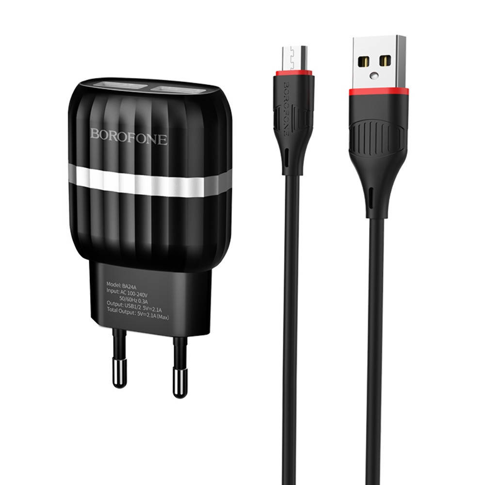 

Сетевое зарядное устройство Borofone BA24A 2 USB 2.4A Micro-USB черное, Черный