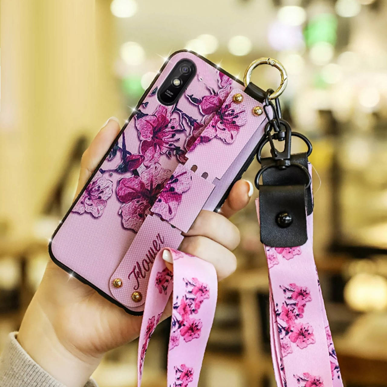 

Чехол Lanyard для Xiaomi Redmi 9A бампер с ремешком Rose