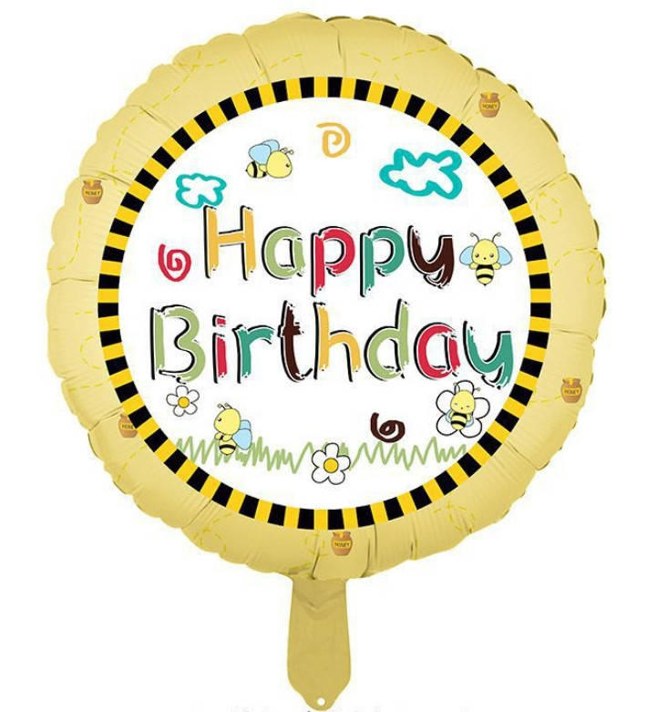 

Шар фольгированный круглый Happy Birthday пчёлки (Китай), Разные цвета