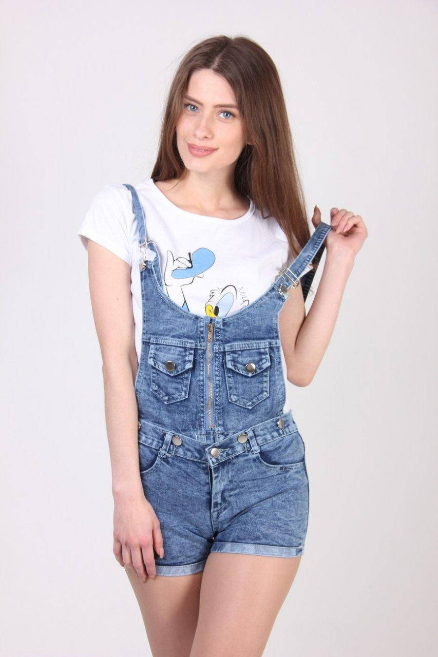 

Летний джинсовый комбинезон без узоров и принтов, Синий