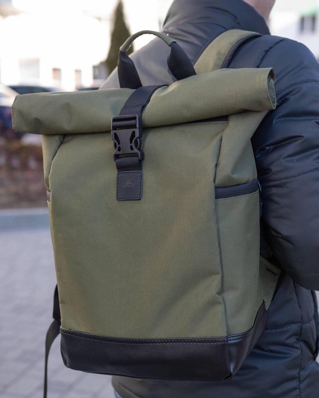 

Рюкзак Роллтоп мужской зеленый городской рюкзак RollTop хаки туристический тканевый кожаное дно Люкс