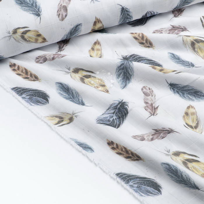 

Муслин в квадратики с цифровой печатью "Грифельные и коричневые перья", ширина 165 см, Разные цвета