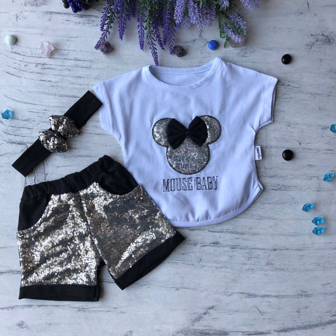 

Летний костюм на девочку с повязкой Микки 2. Размер 80 см