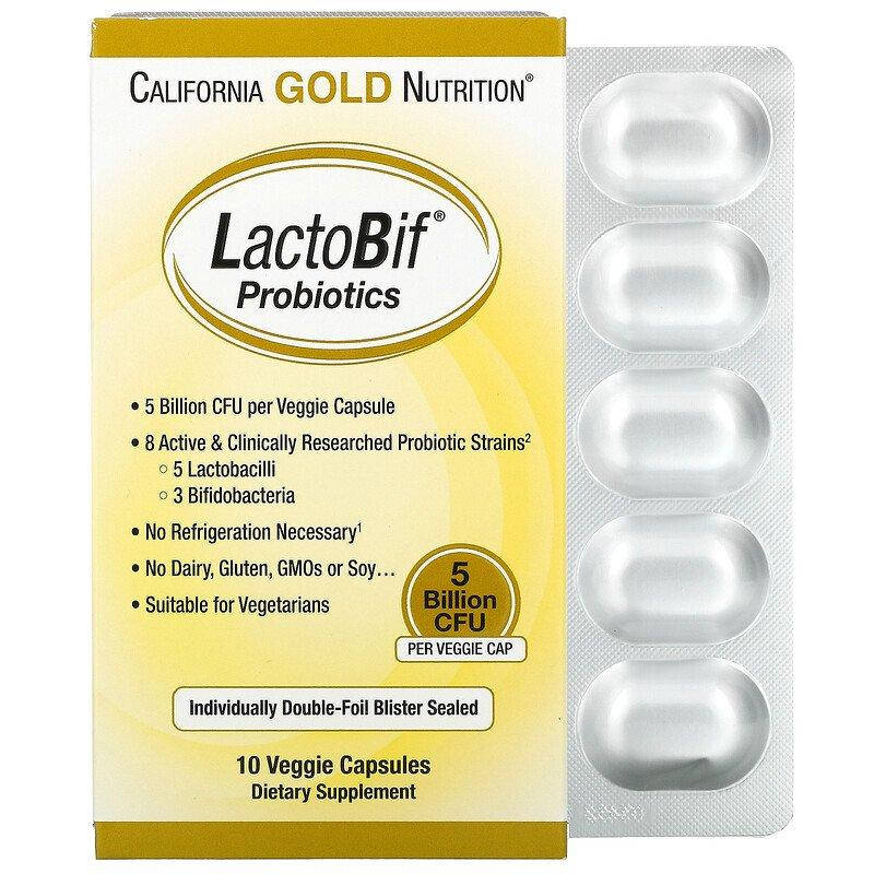 

California Gold Nutrition, LactoBif, пробиотики, 5 млрд КОЕ, 10 вегетарианских капсул