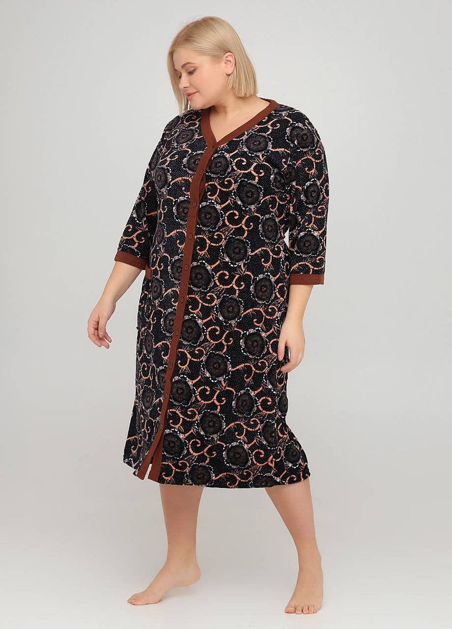 

Велюровый халат женский в принт на пуговицах, Темно-синий