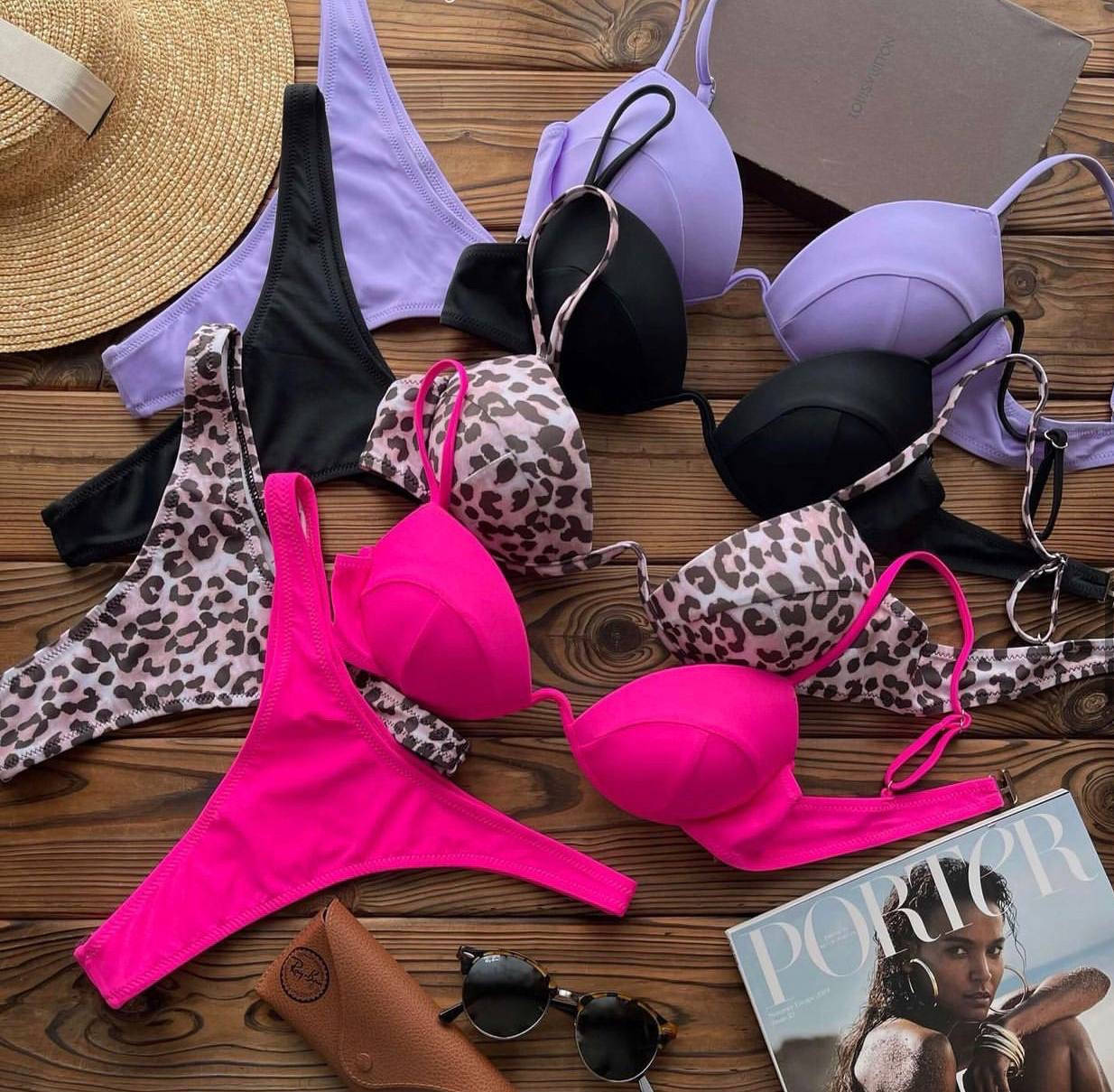 

Купальник женский раздельный яркий розовый чёрный белый салатовый леопард лиловый с косточками S M L