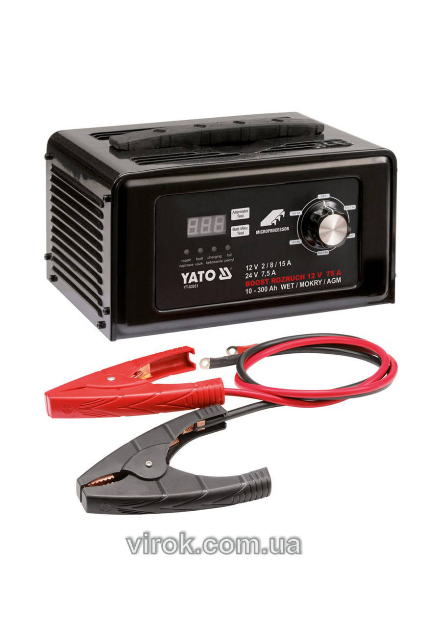 

Пуско-зарядний пристрій до акумул-в YATO 12/24 В, ємн. 10-300 Агод;V= 230 В,2/8/15А(12В),7,5 А (24В) YT-83051