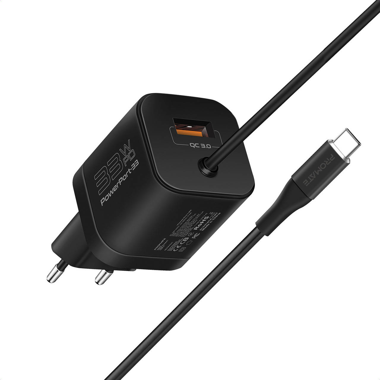 

Сетевое зарядное устройство Promate PowerPort-PDQC3 33 Вт USB-A порт + USB-C кабель Black, Черный