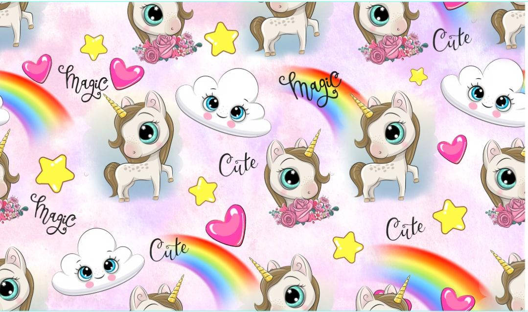 

Стрейч кулир ЕДИНОРОГ ОБЛАКА ЗВЕЗДОЧКИ ЖЕЛТЫЕ Состав 95% хлопок и 5% эластана, Разные цвета