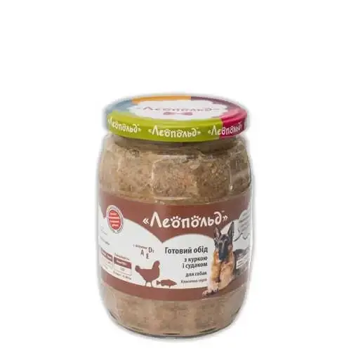 

Консерва Леопольд мясной корм для собак с курицей и судаком, 720 г