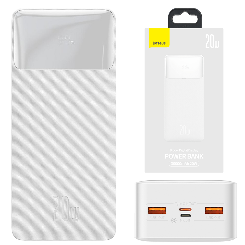 

Повербанк с быстрой зарядкой Baseus Bipow Digital Display 2USB+Type-C PD/QC 20W 30000mAh White (PPDML-N02)