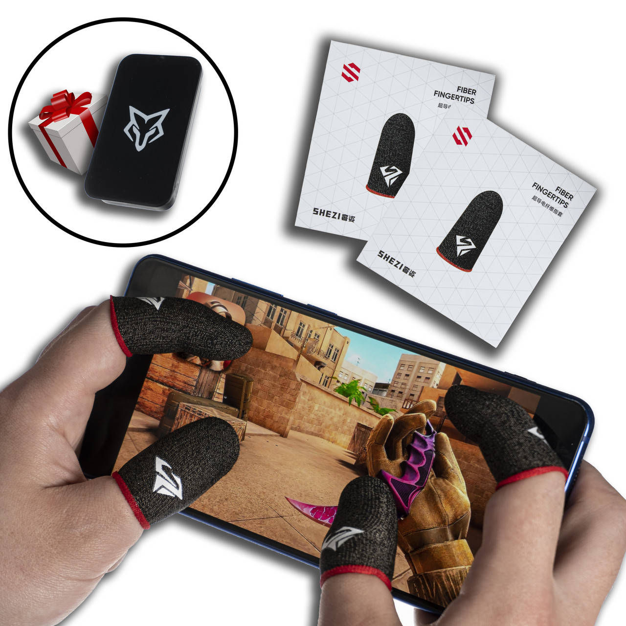 

Shezi Red комплект 4 шт игровые напальчники для телефона с металлическим боксом пубг standoff 2 call of duty, Красный
