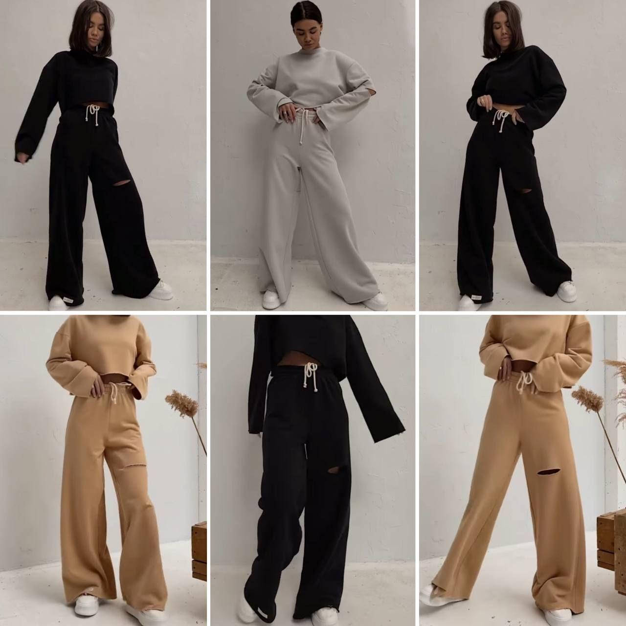 

Женский прогулочный костюм Молодежный спортивный костюм с широкими брюками Женский костюм с коротким худи