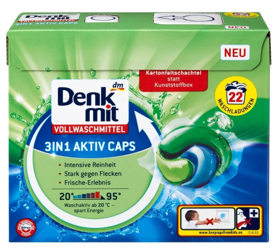 

Капсулы для стирки Denkmit Vollwaschmittel 3 in 1 Aktiv-Caps, 22 шт