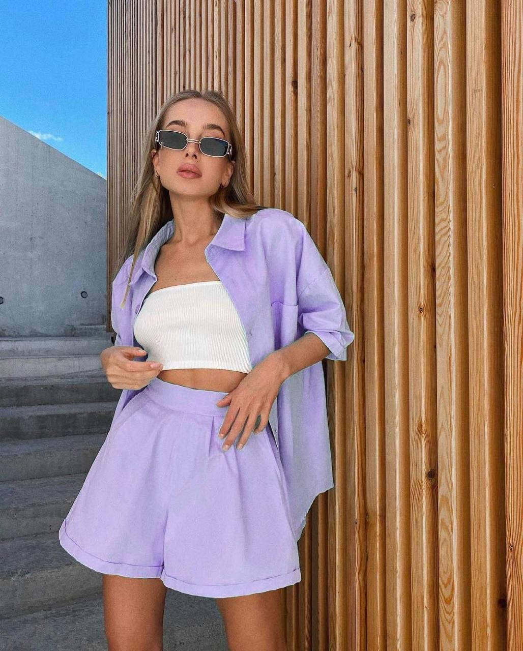 

Женский летний костюм, шорты + рубашка оверсайз (лиловый, желтый, оранжевый, зеленый) 42-44 и 44-46 размеры