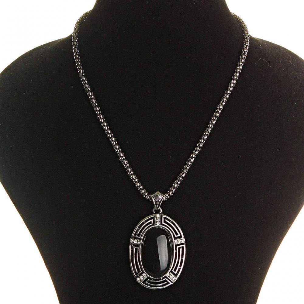 

Кулон на цепочке Агат крупный темно серый металл со стразами овальная оправа 50х38мм L-46-54см полосатая
