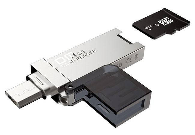 

Переходник микро СД на USB – micro USB картридер 3 в 1 DM-CR009, Светло-серый