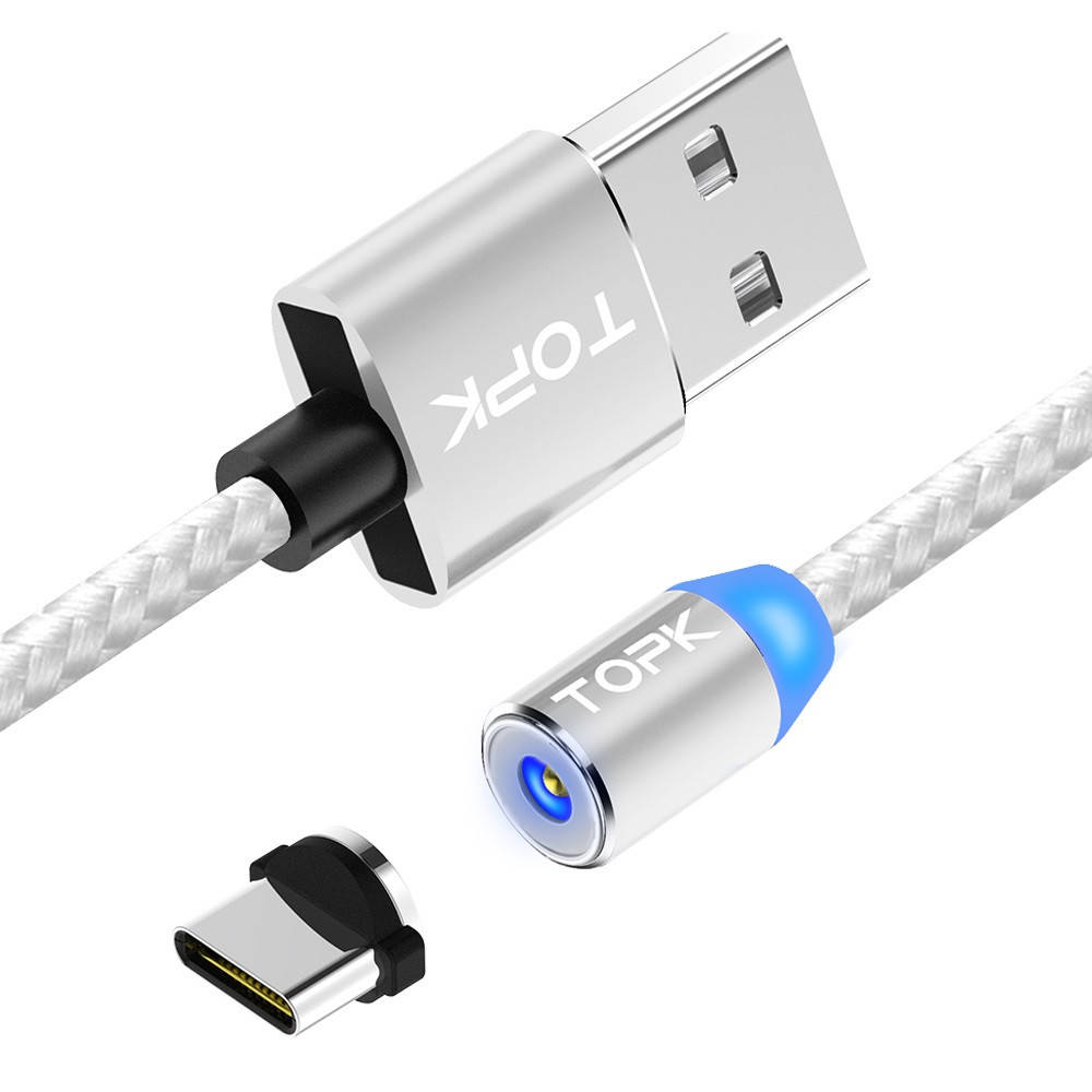 

Магнитный кабель 360° USB 2.0 для зарядки Type C. TOPK AM23. Серебро, Серый