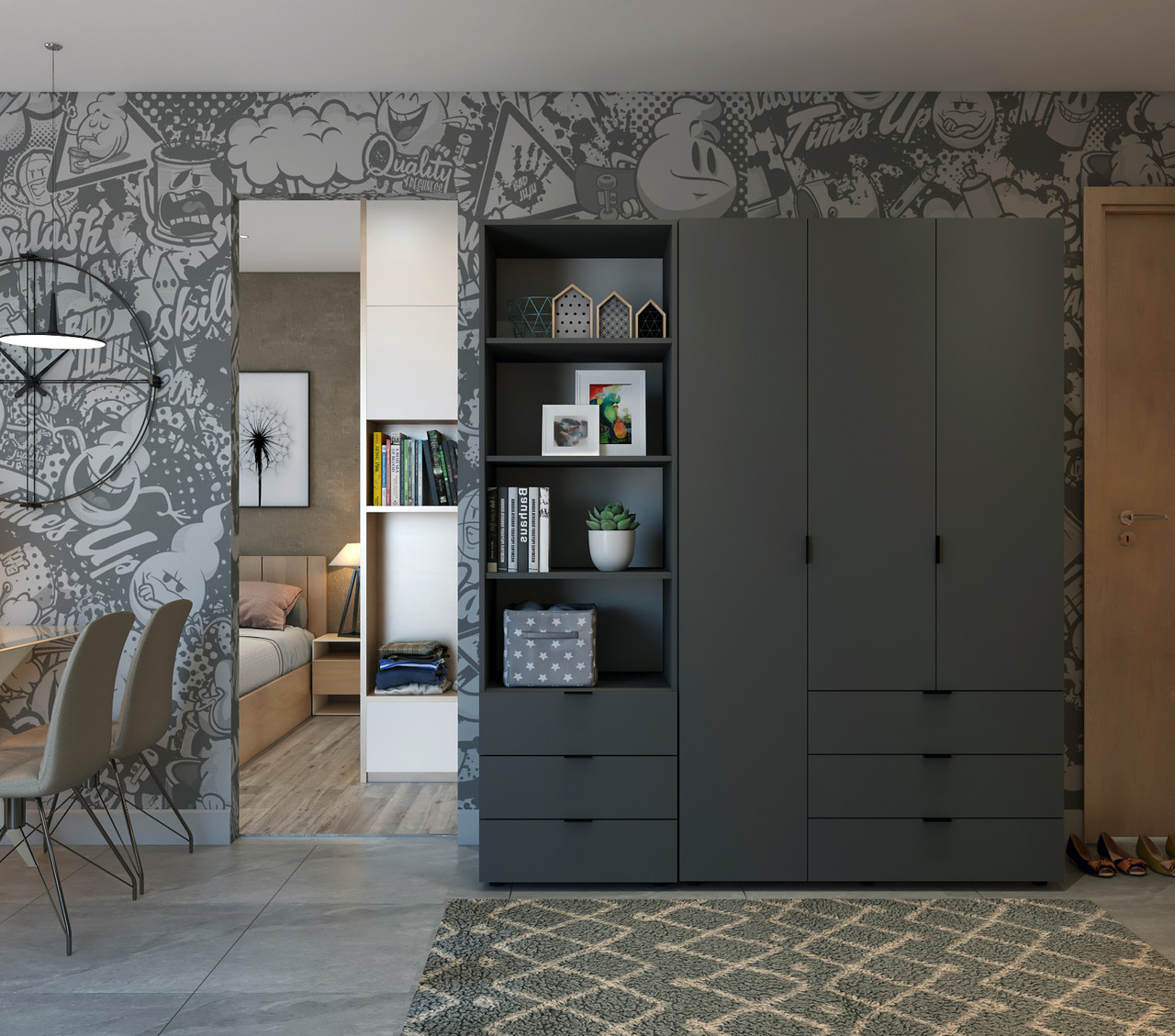 Шафа для одягу Doros Гелар Графіт 3+3ДСП з пеналом 292.4х49.5х203.4 (42005172) 2