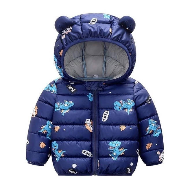 

Детская демисезонная курточка с ушками и динозаврами. куртка для мальчиков синяя, весна/осень, Синий