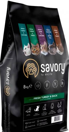 

Сухой корм для котов привередливых к еде Savory Adult Cat Gourmand Fresh Turkey & Duck с индейкой и уткой 8 кг