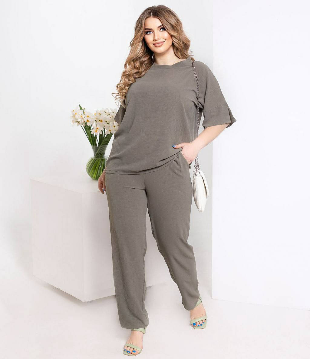 

Модный женский костюм с брюками и блузкой большого размера, Оливковый