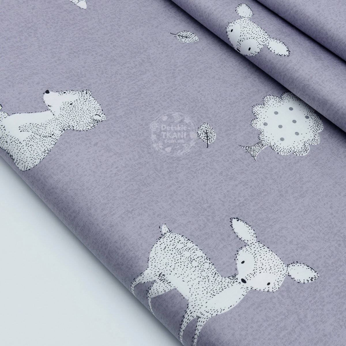 

Сатин ткань "Лесные звери и деревья" белые на сером № 1762с, Серый