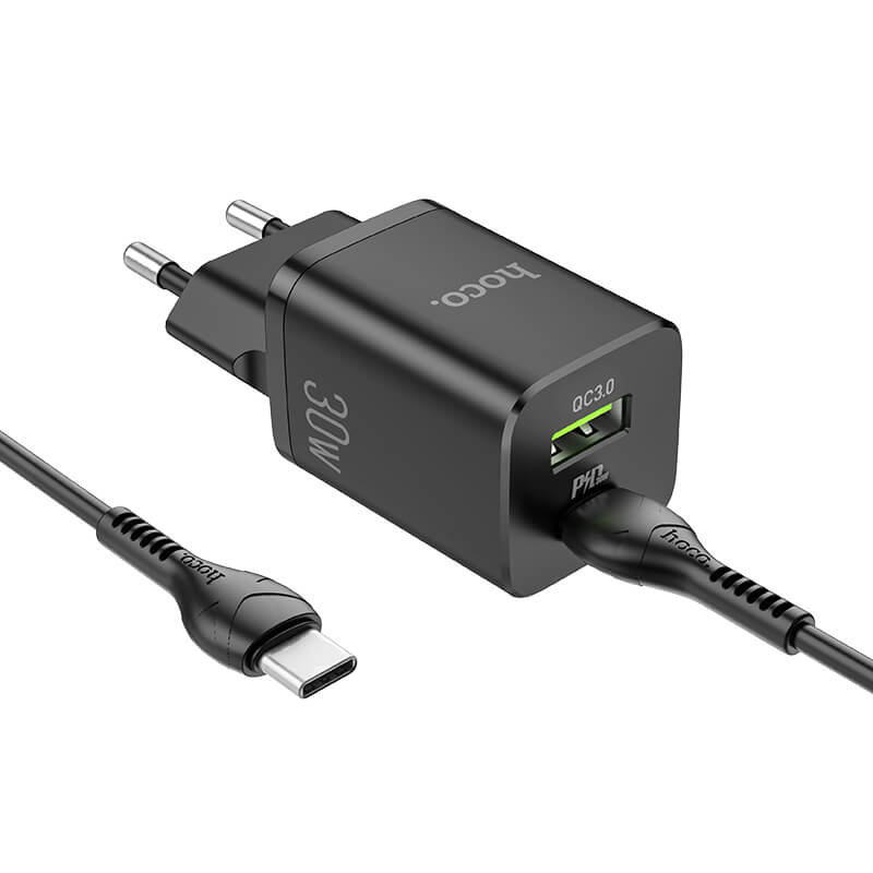 

Зарядное устройство с быстрой зарядкой + кабель Type-C HOCO N13 |1USB/1Type-C QC/PD 30W 3A| Черный