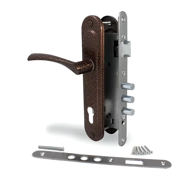 

Замок врезной цилиндровый с ручками Арико ЗВ-7 медный антик