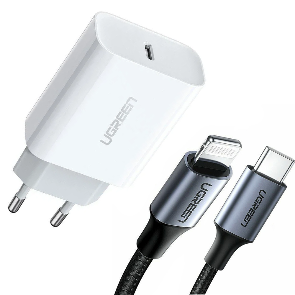 

Зарядное устройство UGREEN 20 Вт + кабель USB-C - Lightning 1,5м USB C PD Быстрая зарядка Type C, Черный