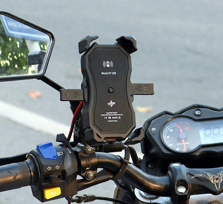 

Держатель телефона универсальный до 7" Беспроводная зарядка + QC3.0 для мотоцикла, Черный