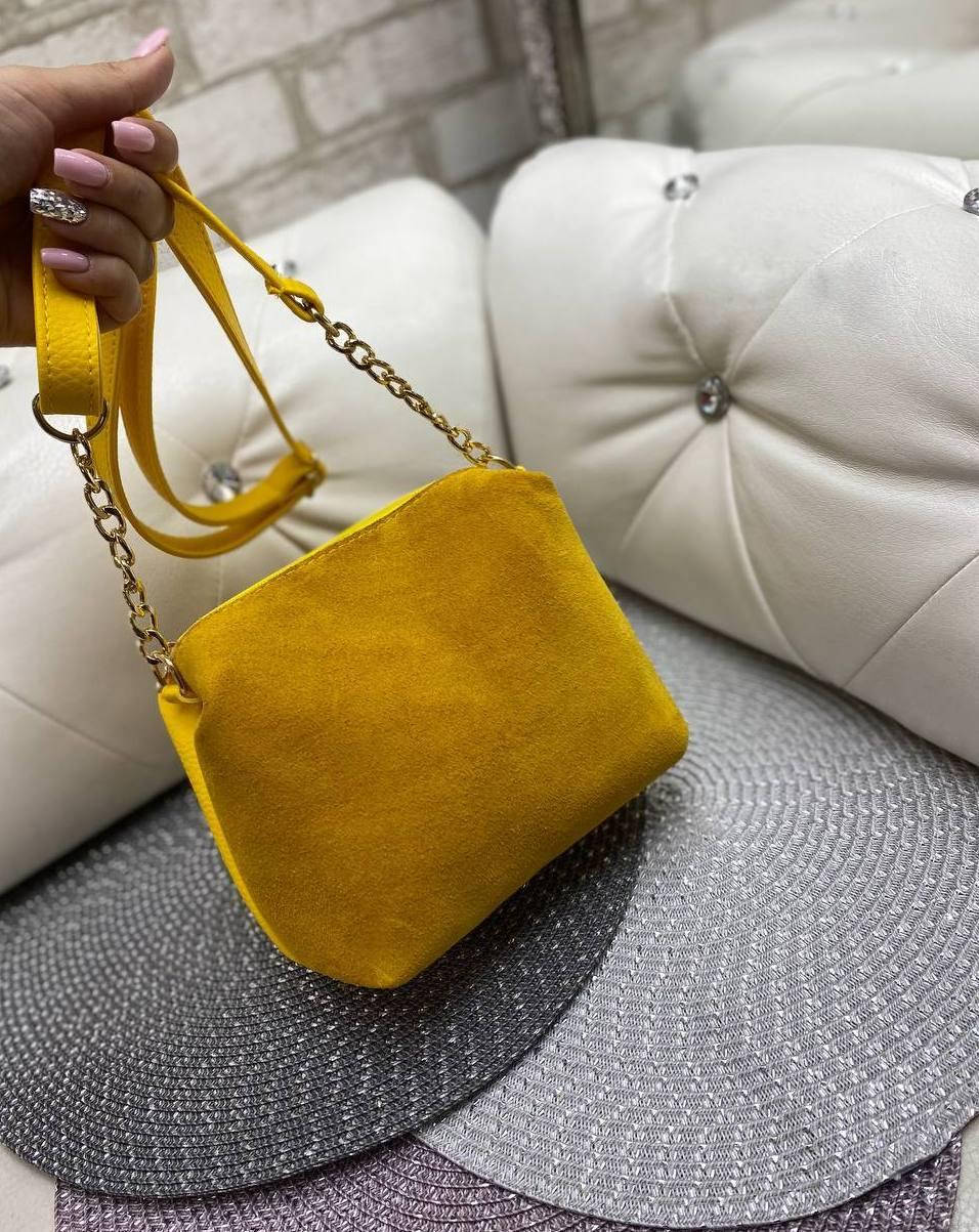 

Замшевая женская сумка клатч яркая желтая маленькая сумочка через плечо молодежная замша+кожзам, Желтый