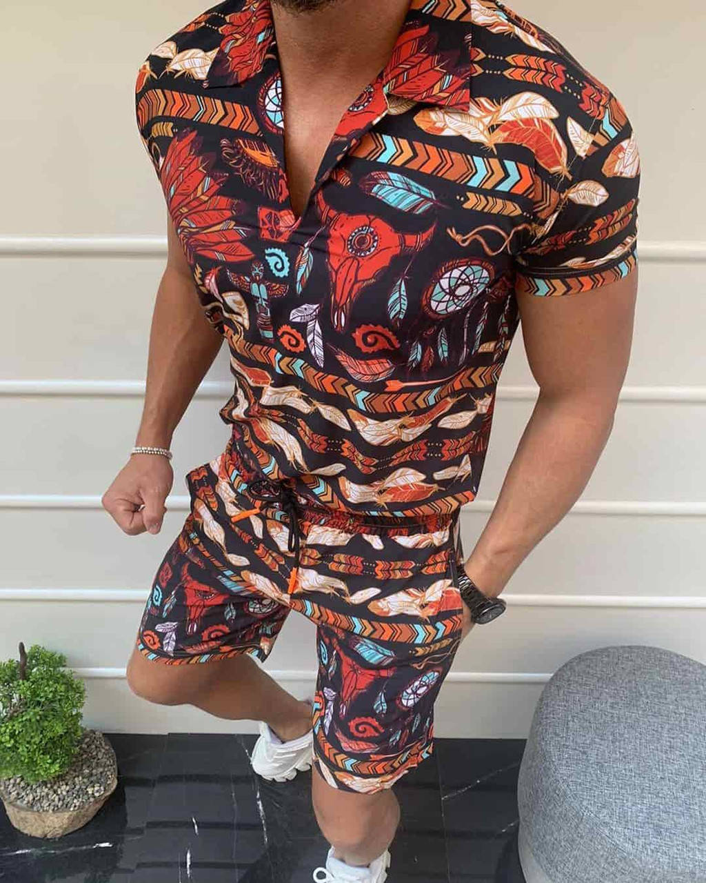 

Мужской коричневый летний комплект шорты + рубашка с коротким рукавом с принтом, Турция