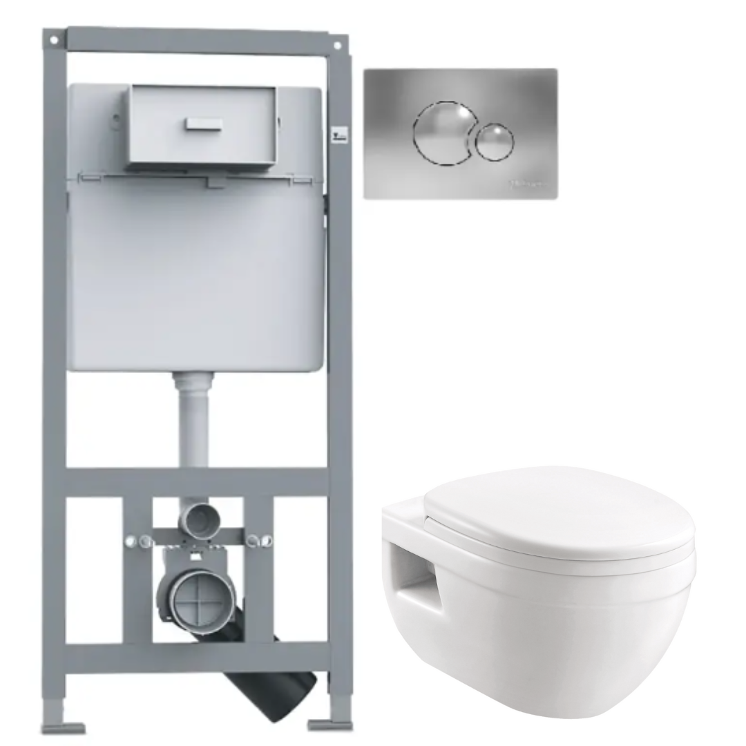 

Комплект 5в1: Инсталляция Primera, хром клавиша + безободковый Подвесной унитаз Devit Project