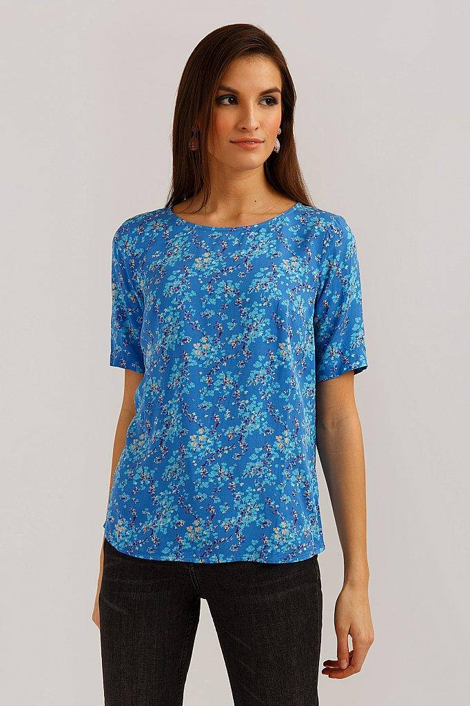 

Легкая блузка на лето из вискозы с коротким рукавом Finn Flare B19-110105-122 цветочный принт голубая, Голубой