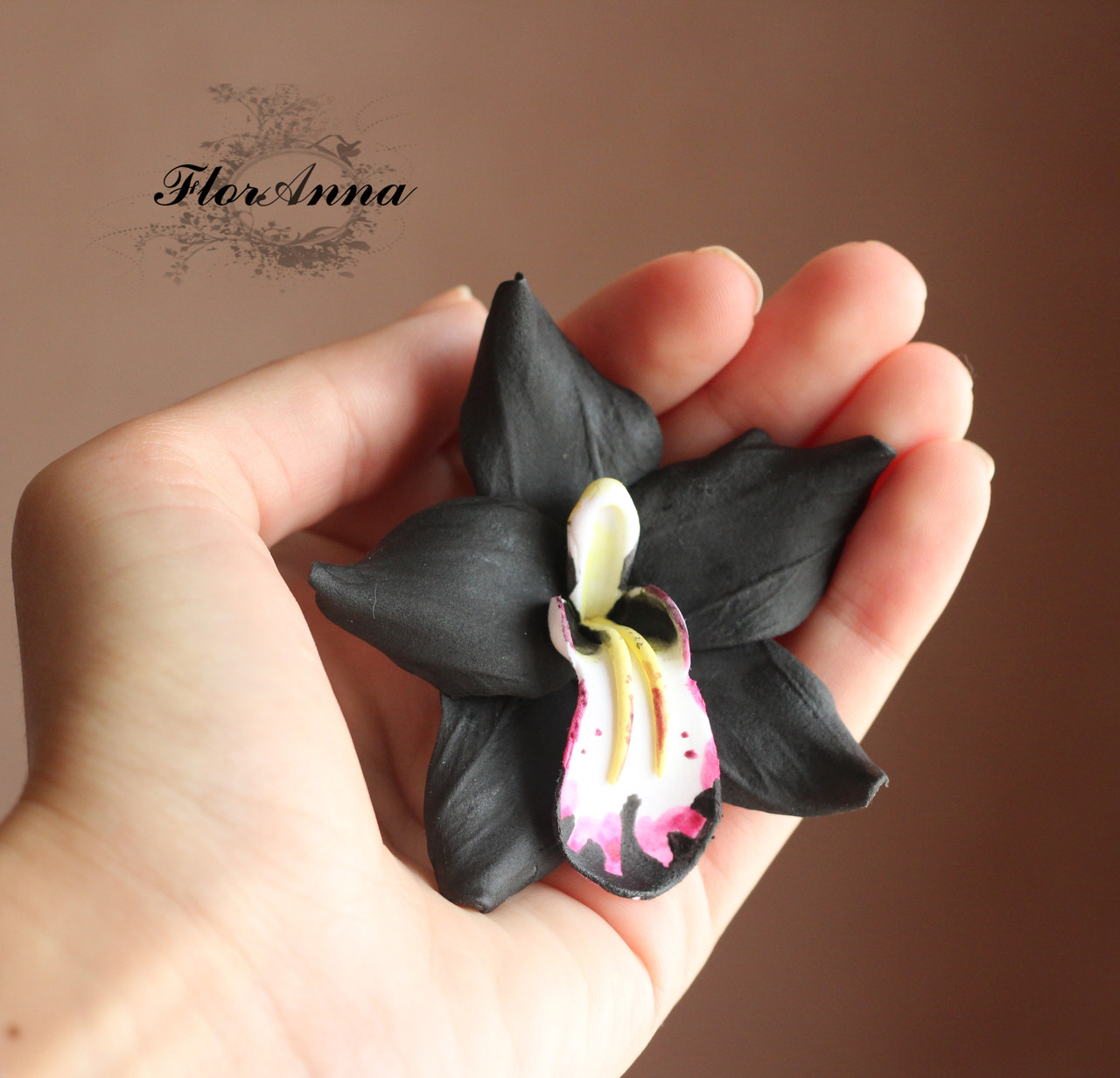 "Чёрная орхидея"(1шт) заколка цветок из полимерной глины. - фото 3 - id-p581646758