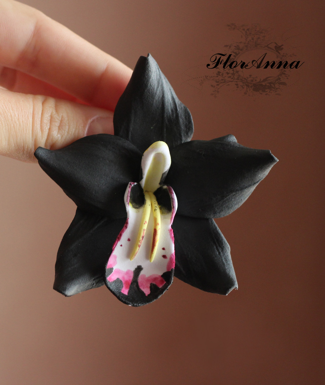 "Чёрная орхидея"(1шт) заколка цветок из полимерной глины. - фото 1 - id-p581646758