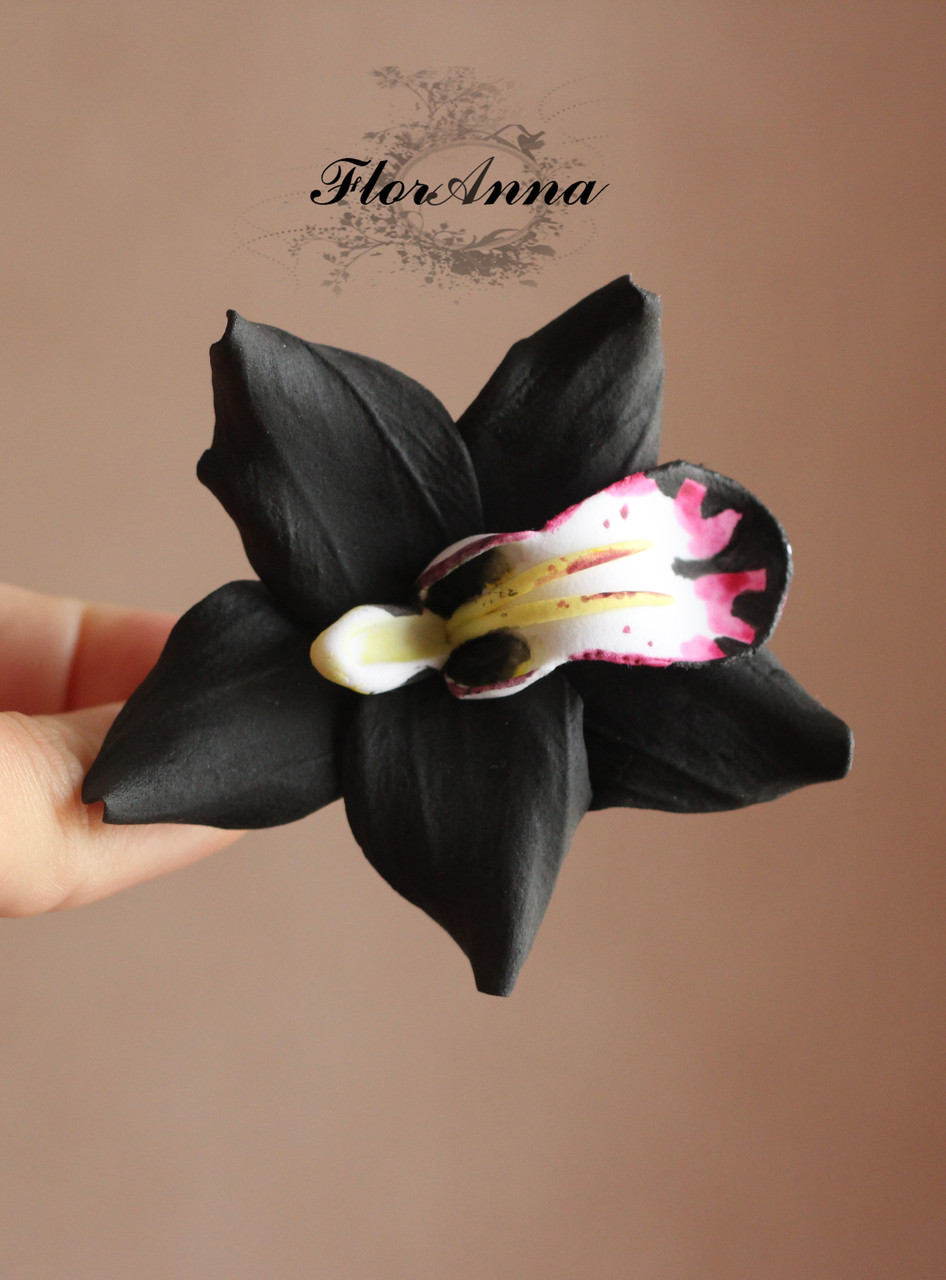 "Чёрная орхидея"(1шт) заколка цветок из полимерной глины. - фото 2 - id-p581646758