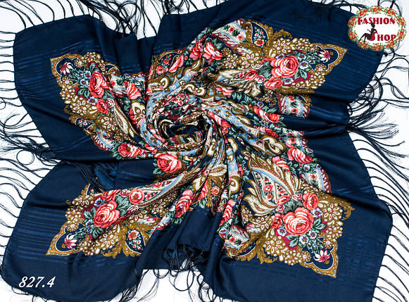Темно-синя павлопосадская шаль Вальс квітів, фото 2