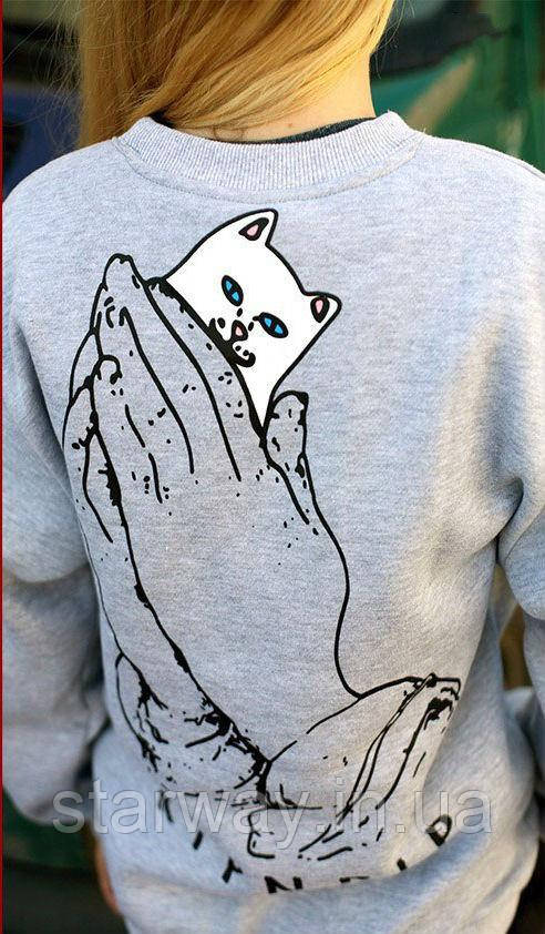 Сірий світшот ripndip | кофта з принтом кіт