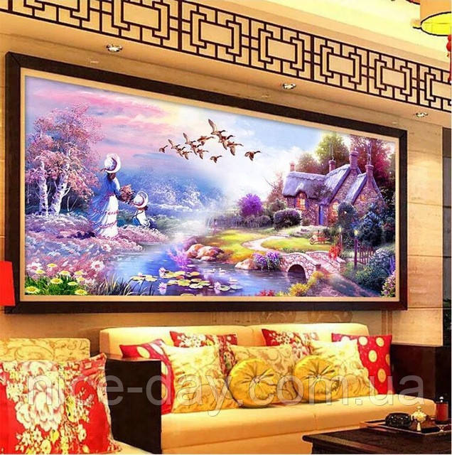 Картина для малювання камінням Diamond painting Алмазна вишивка "Гусі-лебеді полетіли"