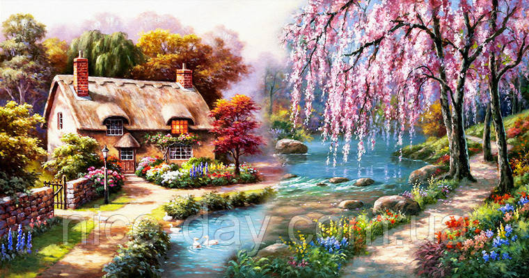Картина для малювання камінням Diamond painting Алмазна вишивка "Будинок біля річки"