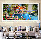 Картина для малювання камінням Diamond painting Алмазна вишивка "Будинок біля річки та лебеді", фото 4