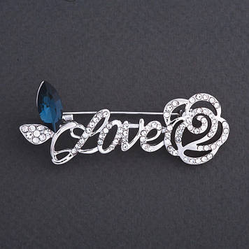 Знижка! Брошка "Love з Розою" синій кристал 6х3см колір металу "срібло"