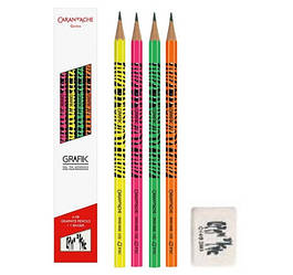 Набір олівців Caran d'Ache Grafik Fluo 4шт. HB + гумка - FSC 343.402 (7630002333252)