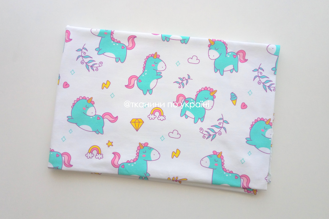 Трикотаж двунітка Єдинороги м'ятні (футер) ЗАЛИШОК 0,9 м