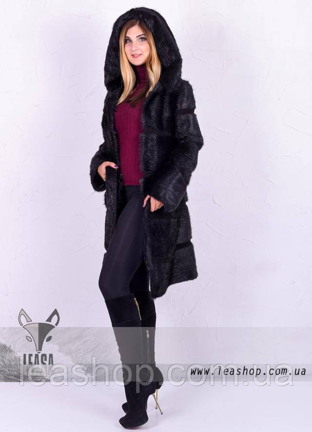 Шуба поперечка из натурального меха нутрии Поперечная шуба из нутрии с капюшоном фото