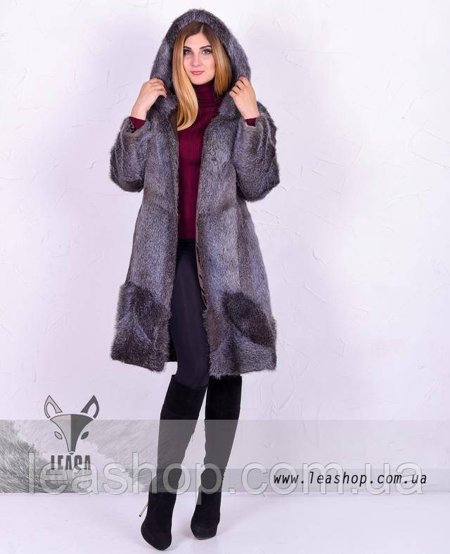 Шуба из нутрии со структурным рисунком, цвет серебро Серебристая шуба из нутрии с капюшоном фото