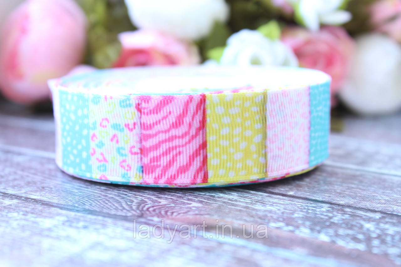 Репсова стрічка з малюнком 2.5 см "Печворк кольоровий леопардb", 25 ярд, оптом, фото 1